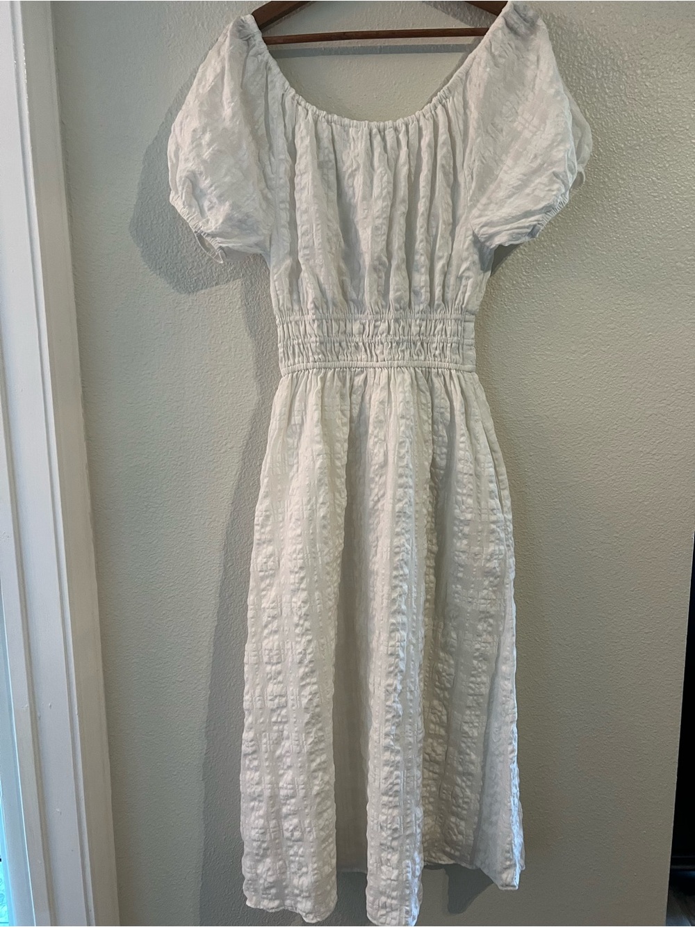 Madewell White Textured Midi Dress with Puff Sleeves - Picture 9 of 11